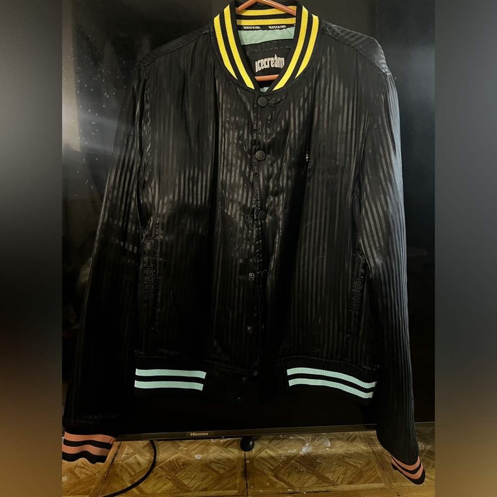 Icecream Black Satin Bomber Jacket with Yellow & Mint Trim